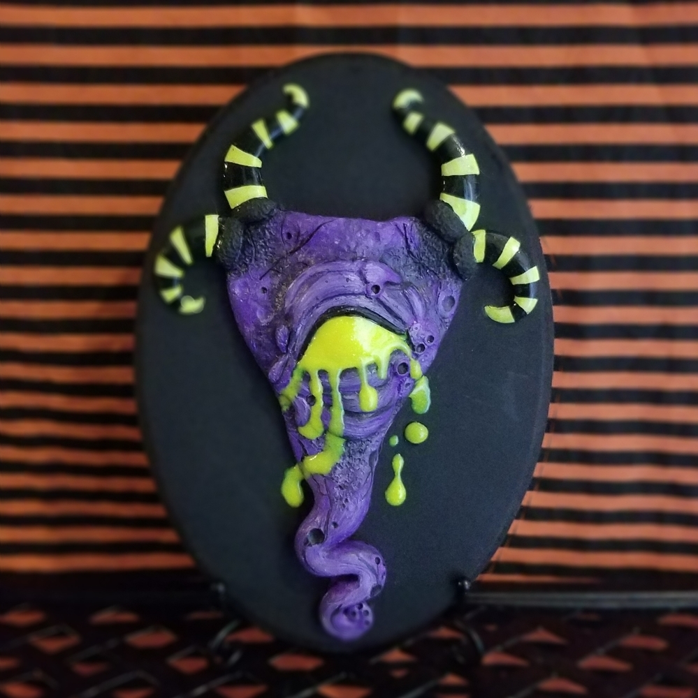 OOAK Toxic Poison Yellow and Purple Horned Creature Art Sculpt Wall Hanging